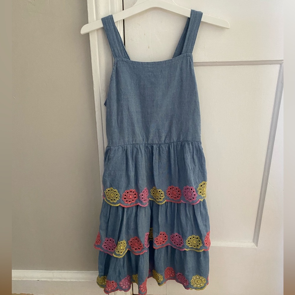 Old Navy Chambray Tiered Girls Dress with Pink and Yellow Embroidery